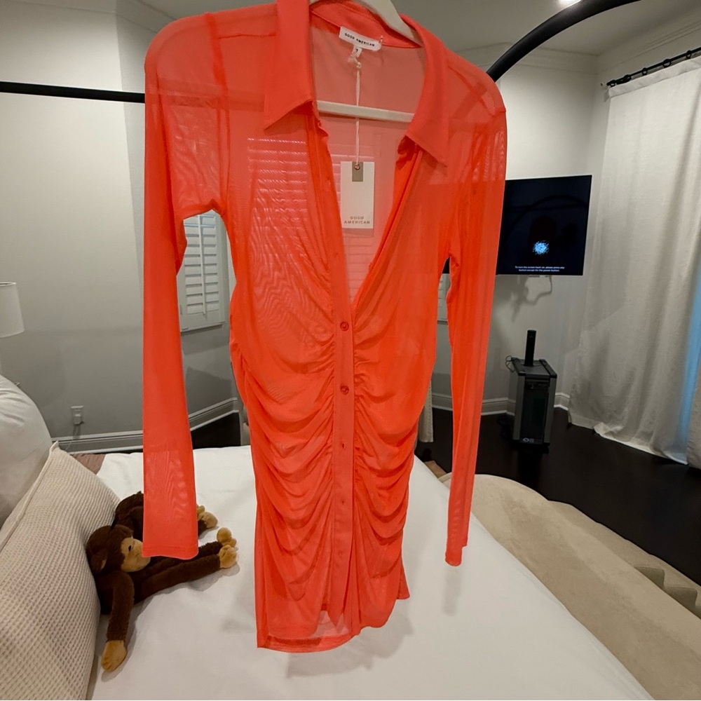 GOOD AMERICAN Bright Orange Sheer Button-Up Dress - Cover up